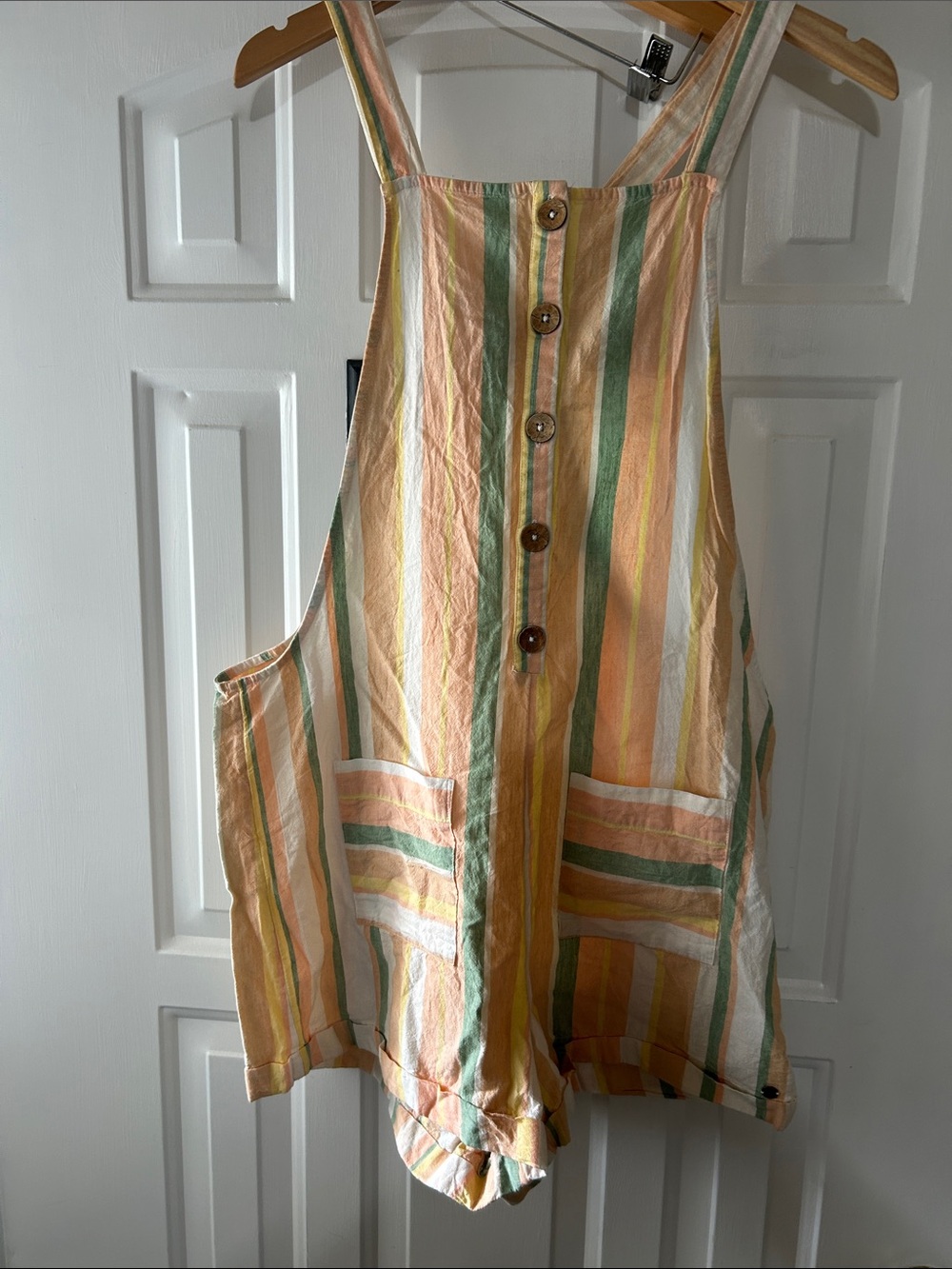 Roxy Striped Sleeveless Romper in Yellow, Peach & Green